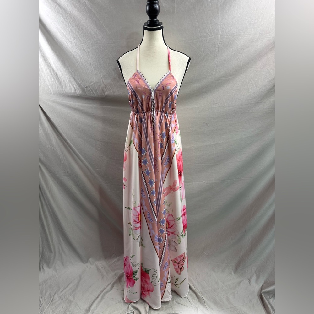 Boho Pink Floral Halter V- Neck Maxi Dress Low Back - Picture 10 of 12